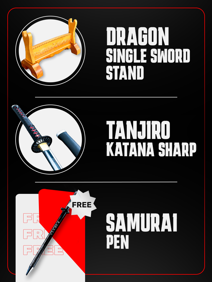 Dragon Single Sword Stand & Tanjiro Katana SHARP + FREE Samurai Pen