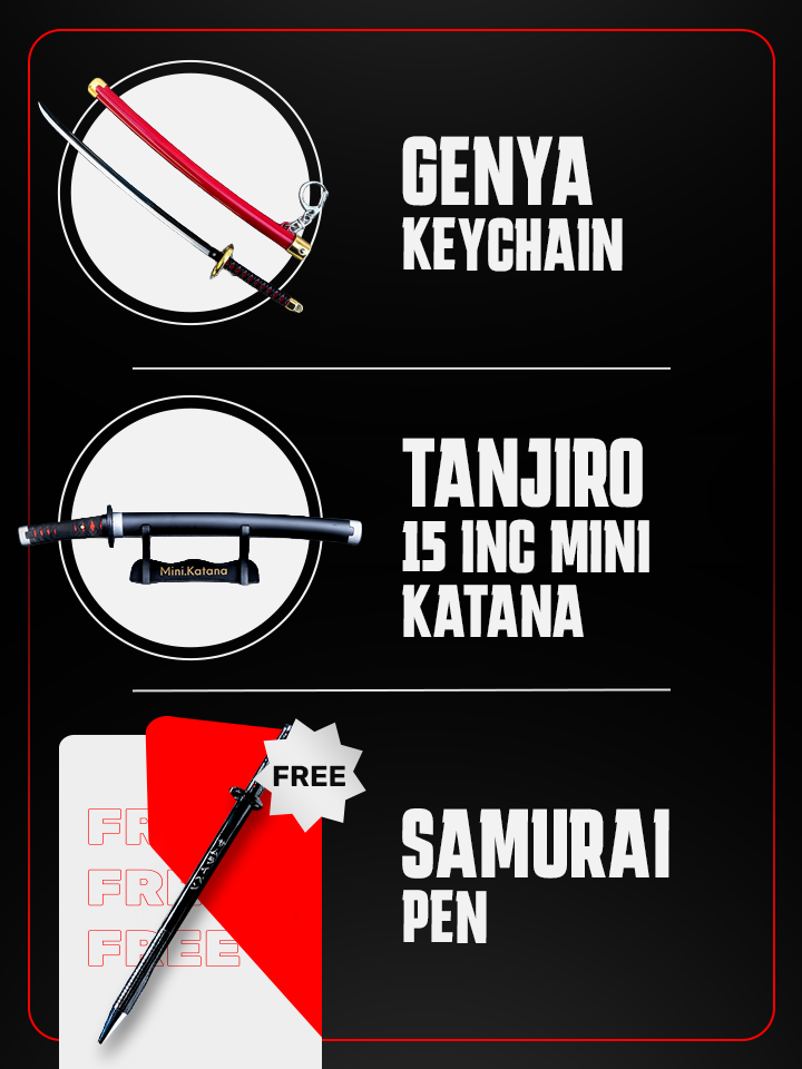 Tanjiro Mini Katana & Genya Keychain + Stand + FREE Samurai Pen