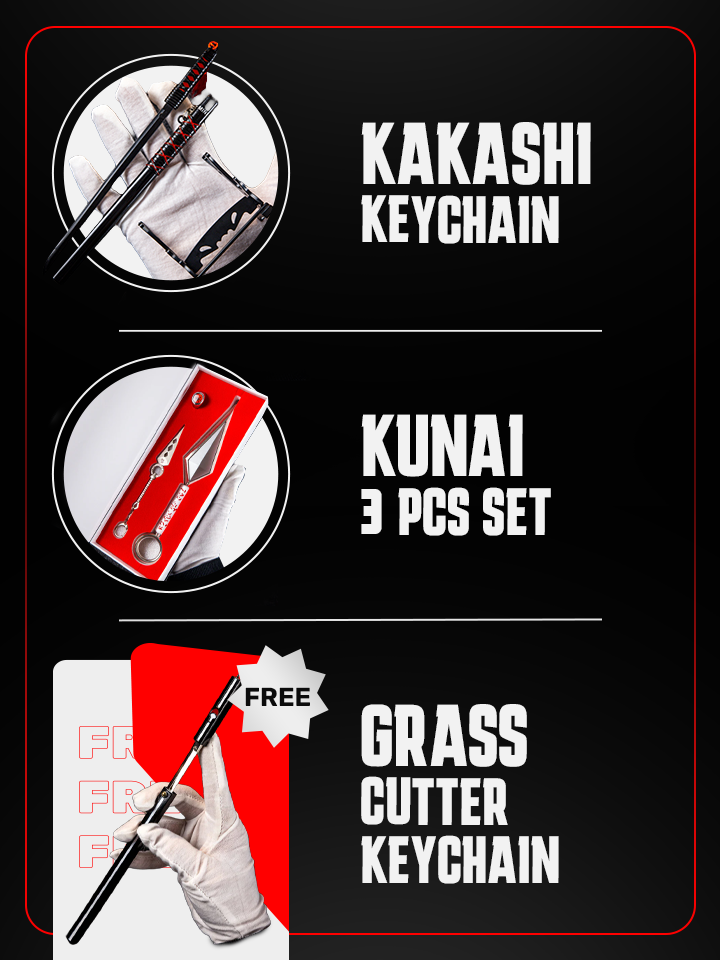 Kakashi Keychain + Stand & Kunai Set (3-piece)  + FREE Mini Grass Cutter Keychain (Sasuke) + Stand - White