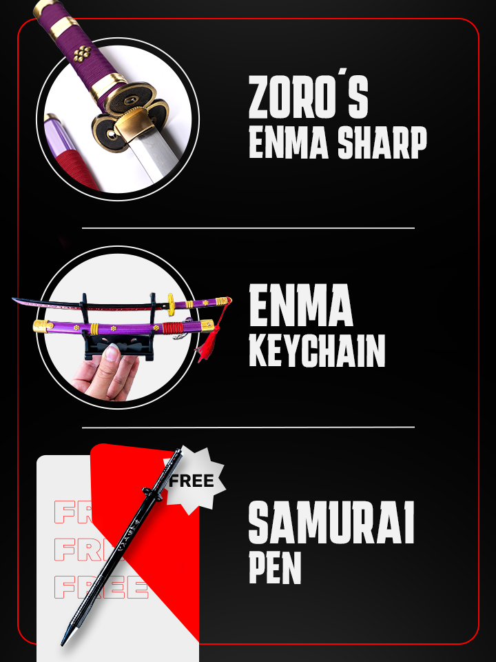 Battle-Ready Zoro's Enma Katana & Enma Keychain (Purple) + Stand - Free Samurai Pen